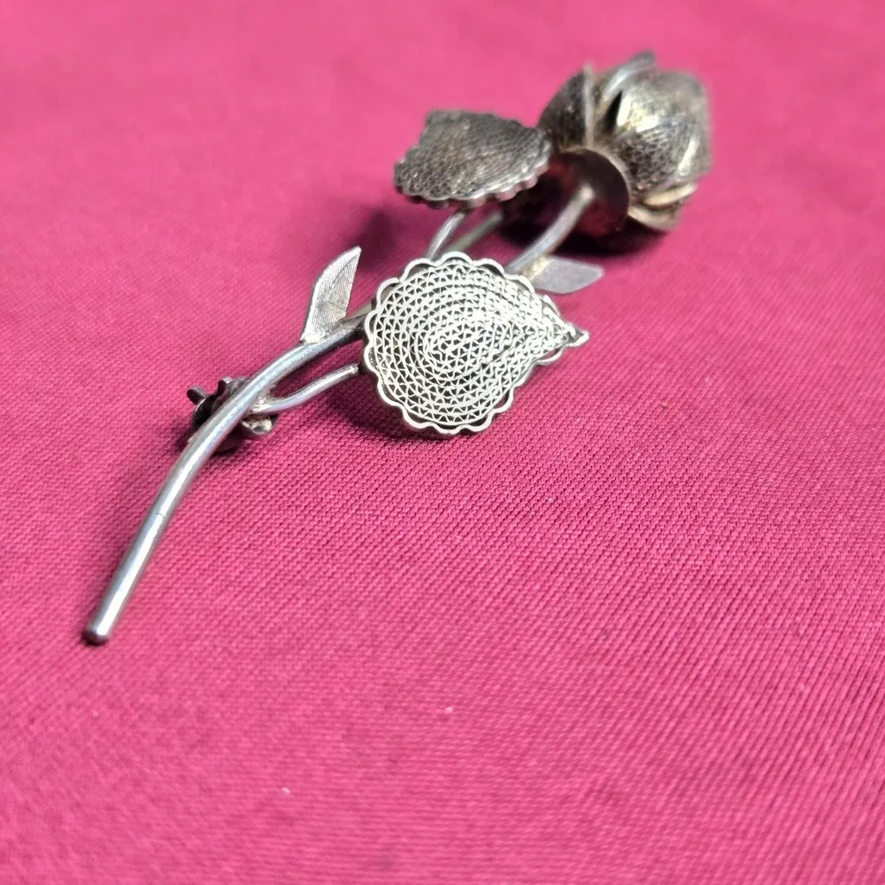 Vintage FAS 925 Sterling Silver Filigree Rose Brooch Pin 2.5